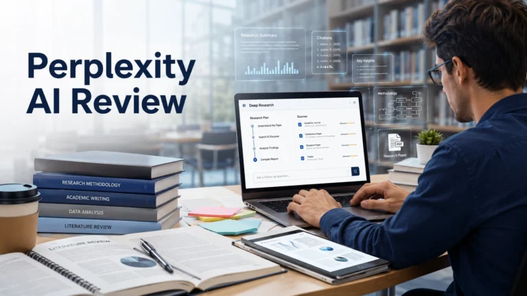 Perplexity AI review for academic research paper showing literature review search results and citations on screen.