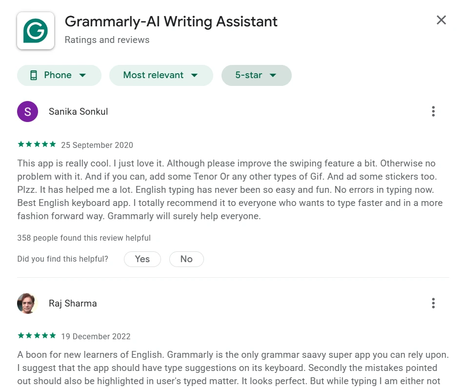 Screenshot Grammarly ueser review